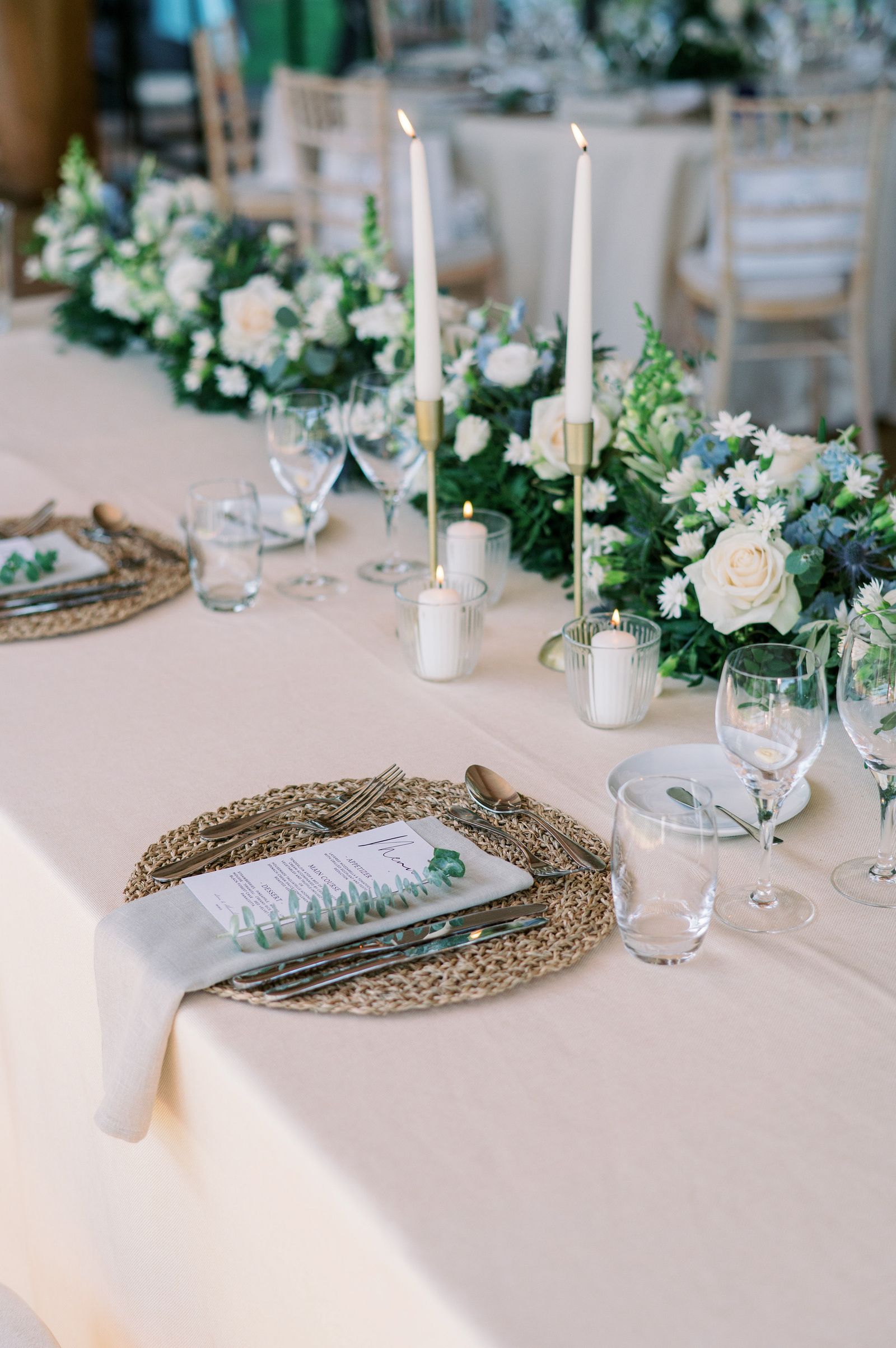 Wedding banquet with cream florals