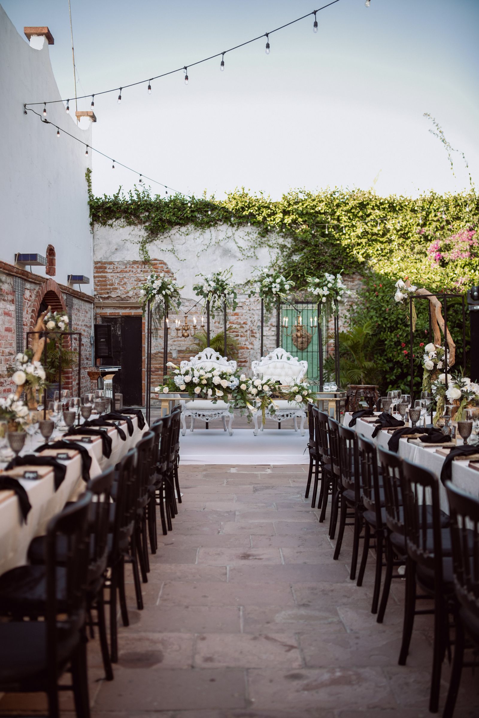 Outdoor wedding reception set for dinner